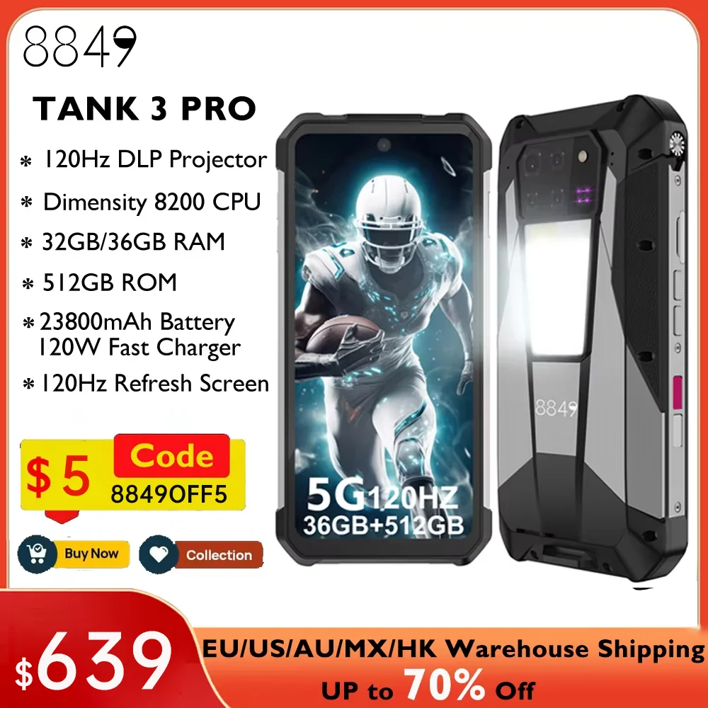 8849 Tank 3 Pro by Unihertz Sağlam Akıllı Telefon 5G, 100 Lümen
