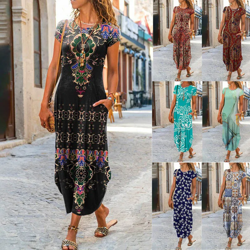 Women Summer Dress Round Neck Pocket Short Sleeve Floral Printed Ankle Length Long Women Dresses Vestidos YSX9021 1
