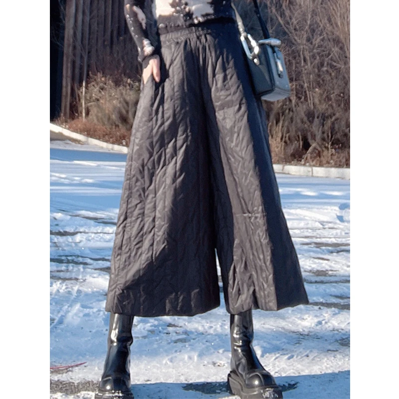 Women Winter Vintage Fashion Warm Down Cotton Quilted Wide Leg Pants Female High Waist Pocket Cropped Trousers Casual Pantalones