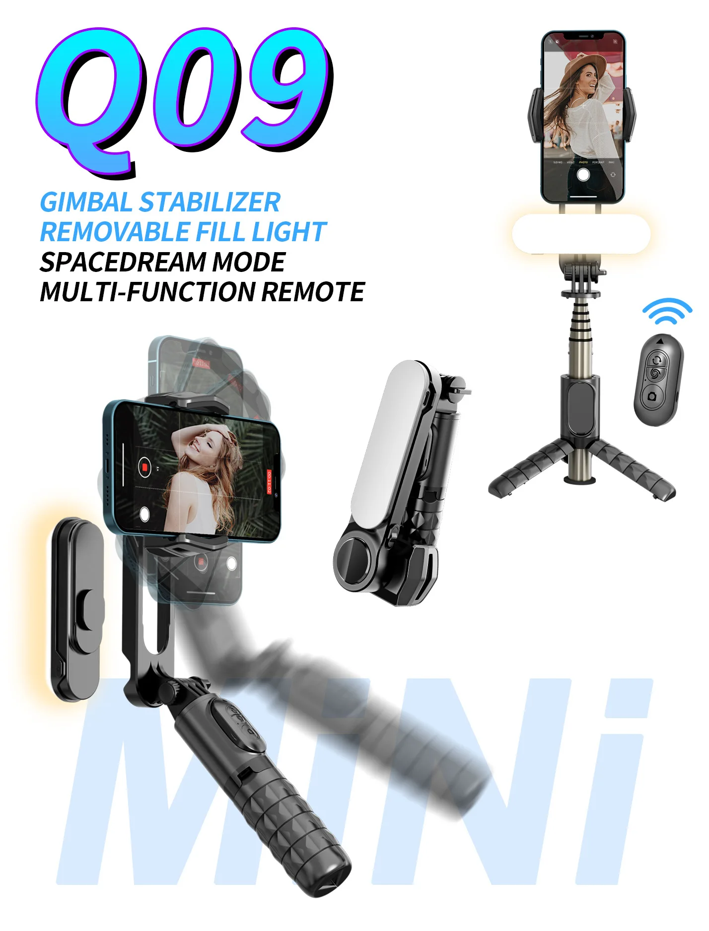 

Q09 Wireless Bluetooth Selfie Stick Tripod Handheld Gimbal Stabilizer Monopod With fill light shutter for IOS Android