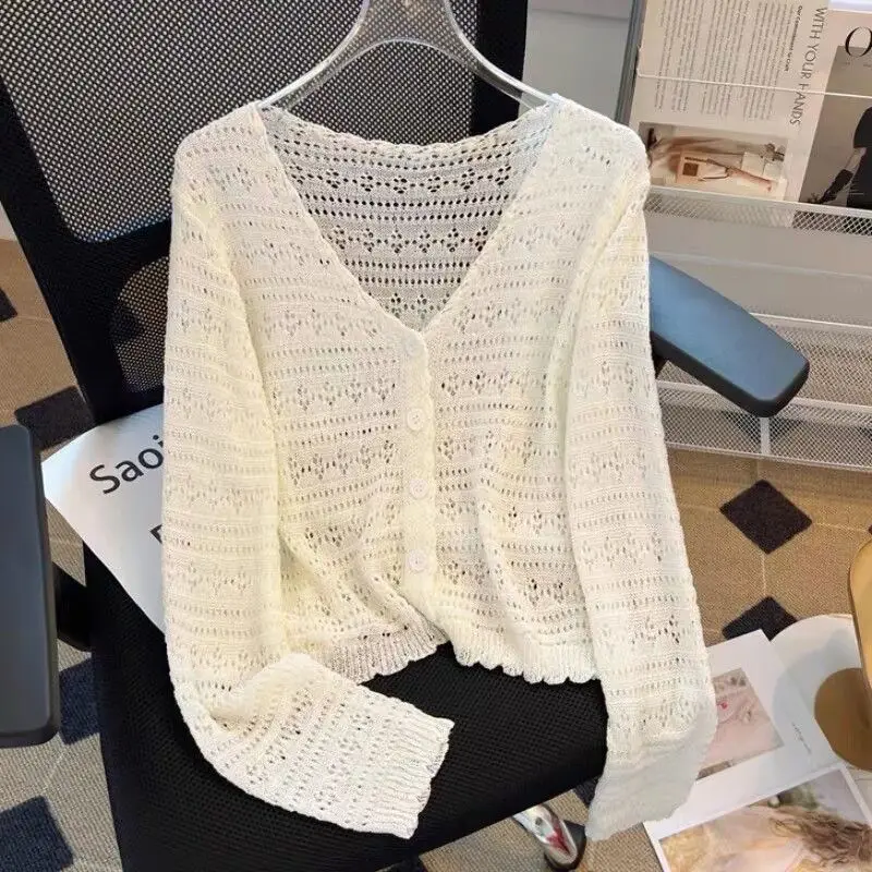 Long Sleeve Knitted Cardigan Women Thin Short Jacket Tops Hollow Out Sun Protective Clothing Shawls Sweaters Buttons Korean New