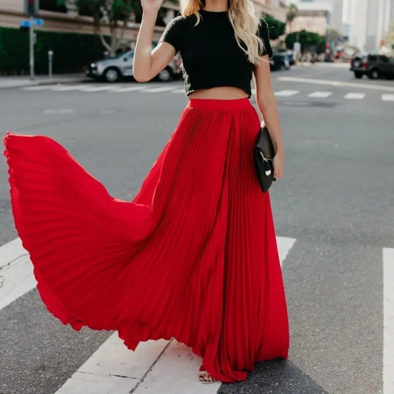 Fashion Prom Women's Skirt Korean Style Solid High Waist Loose Dresses Elegant Party Ladies Pleated Long Skirts Clothes OFE03