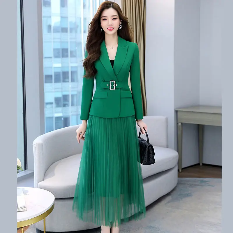 2023 Women Spring Autumn Elegant Two Piece Sets Female Long Sleeve Blazers + High Waist Pleated Skirts Ladies Office Outits G354 men sets solid color pleated streetwear o neck half sleeve t shirt