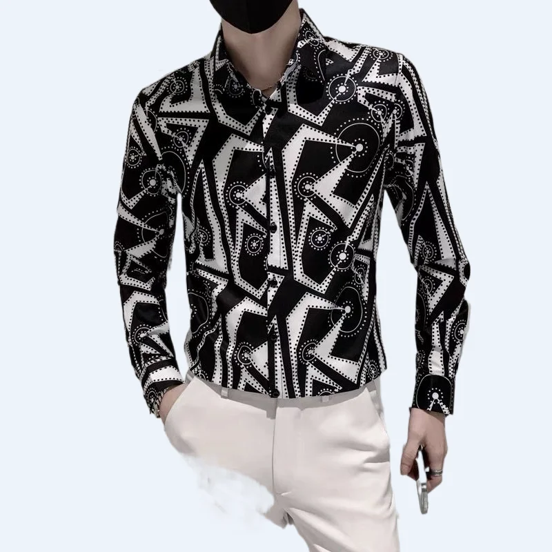 

Men shirt Long-sleeve Spring and Autumn Casual Personalized Print Slim-fit Trendy Stylist Shirts and blouses Men's Clothing