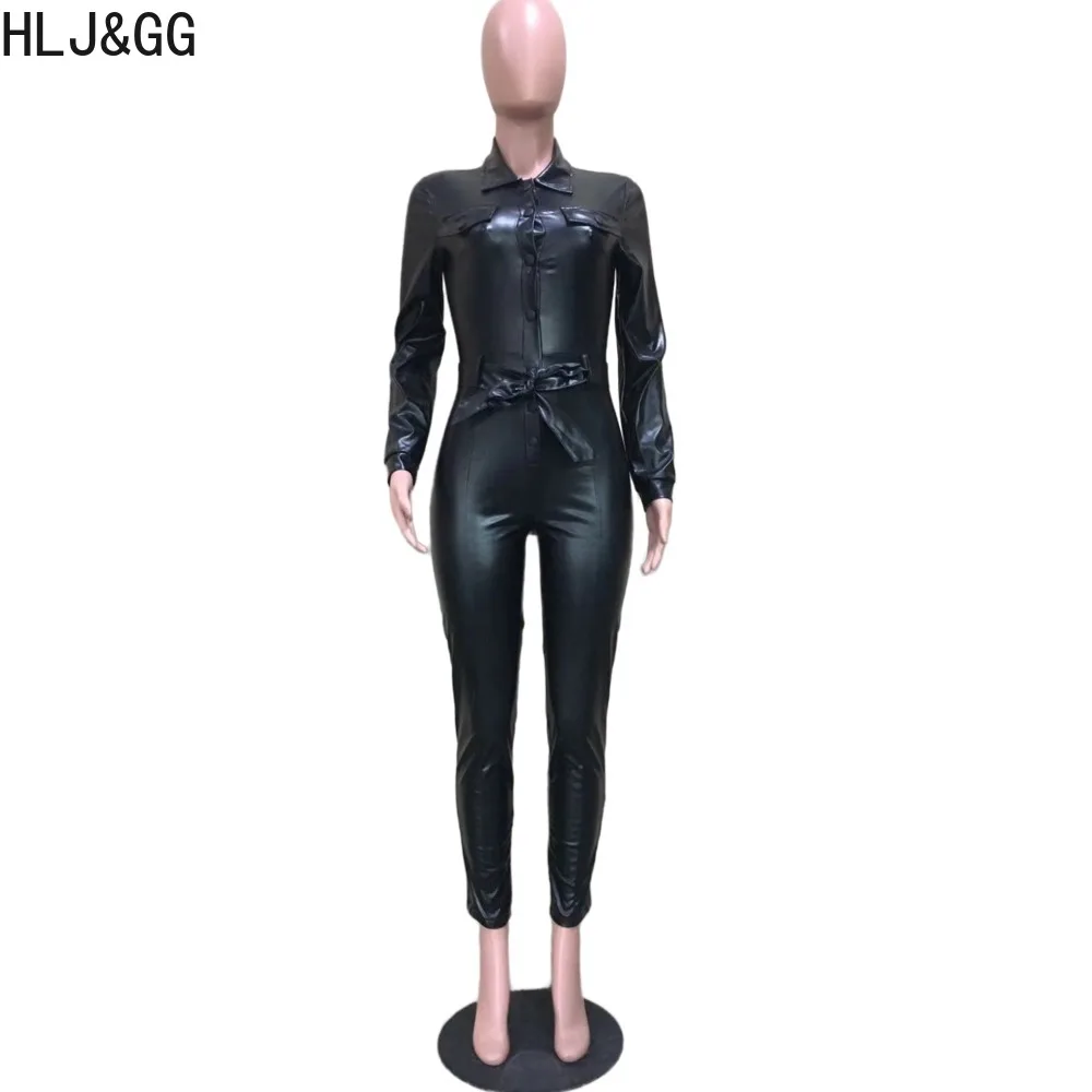 HLJ&GG Black Sexy PU Leather Skinny Jumpsuits Women Deep V Button Long Sleeve Playsuit Autumn Female Solid Color Lace Up Overall