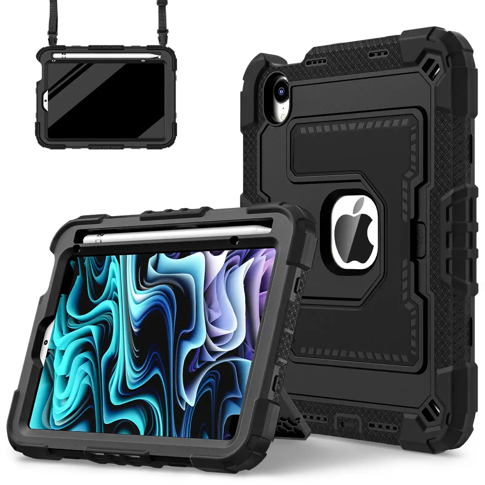 Shockproof iPad Mini Case with Handle Stand and Pen Tray - Non-toxic Soft Silicone Protective Cover with Shoulder Straps