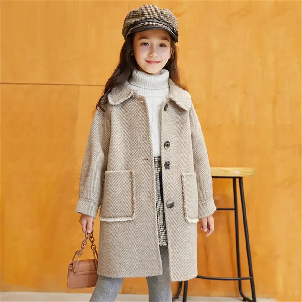 

Spring & Autumn Polyester Girls Woolen Coat 2022 The New Lantern Sleeve Turndown Collar Single-Breasted Jacket Child Clothing