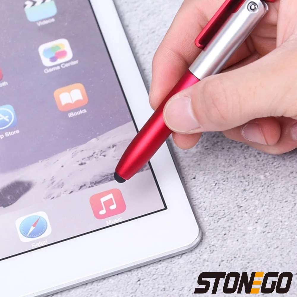 STONEGO Multifunction 4-in-1 Foldable Ballpoint Pen Stylus (Flashlight + Support) for Tablet Cellphone multifunction pen