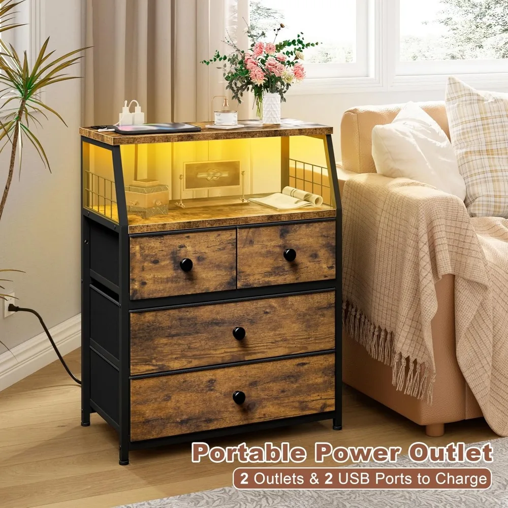 Nightstand Set of 2, Night Stand with Charging Station & LED Lights, Bedside Table with 4 Fabric Drawers for Bedroom 4