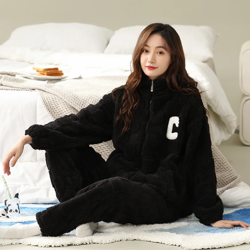 Conjunto de pijamas de franela para mujer, ropa de dormir de talla grande,  M-5XL, gruesa y cálida, unicolor, para el hogar, Invierno