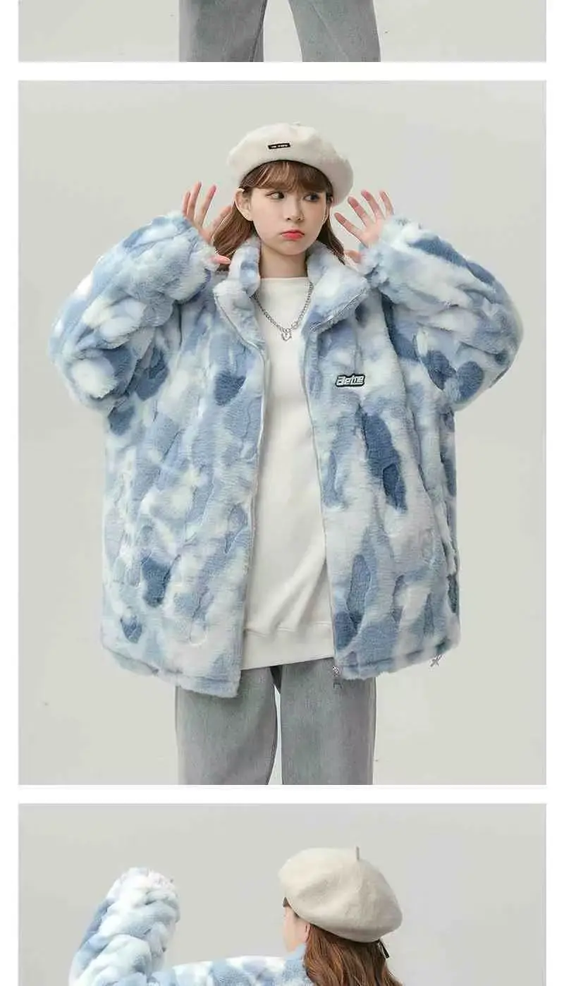 Tie dye Lamb wool Coat 2025 New Winter Trendy Student Cotton Jacket Thicken Loose Stand collar Coats Female Warm Parka Overcoat