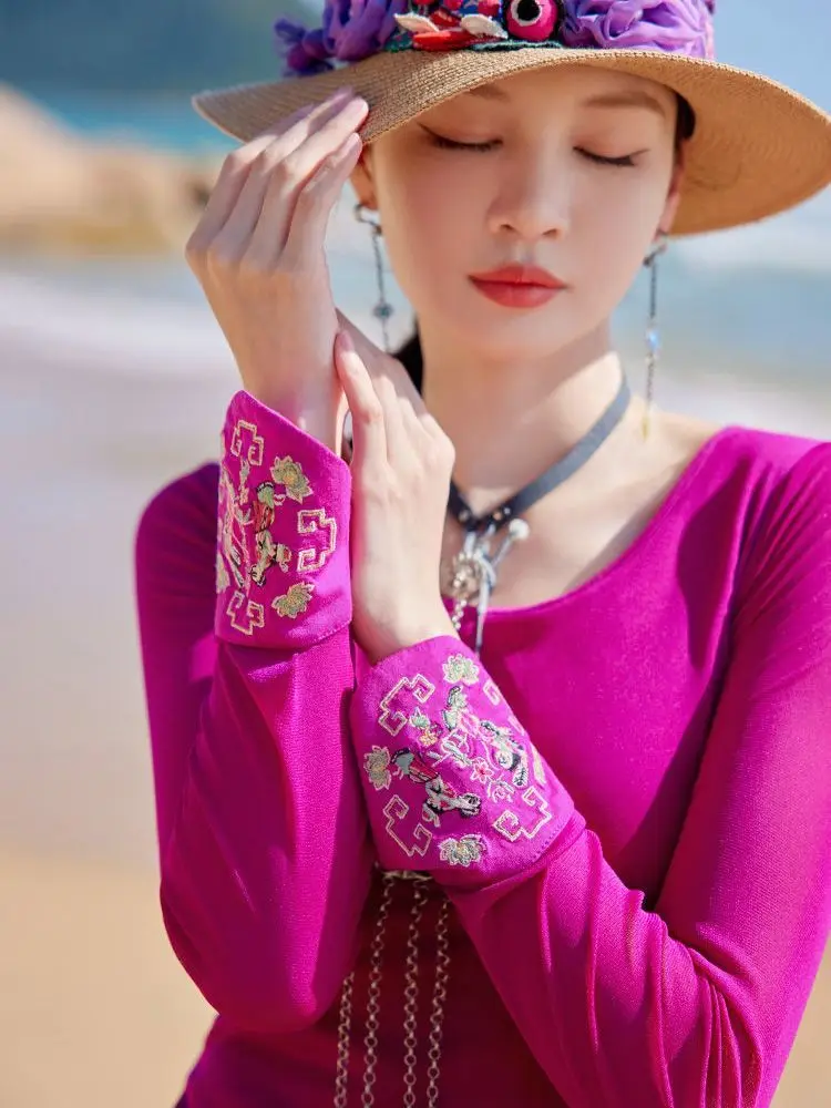 

2023 retro chinese ethnic style embroidery leggings autumn winter long-sleeve elastic mesh gauze leggings inside top shirt g1009