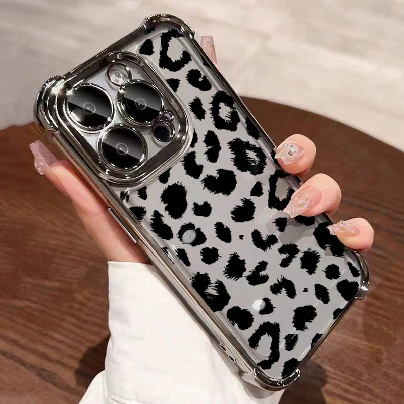 Leopard Print Electroplated Airbag Transparent Phone Case - Anti-Drop Cover