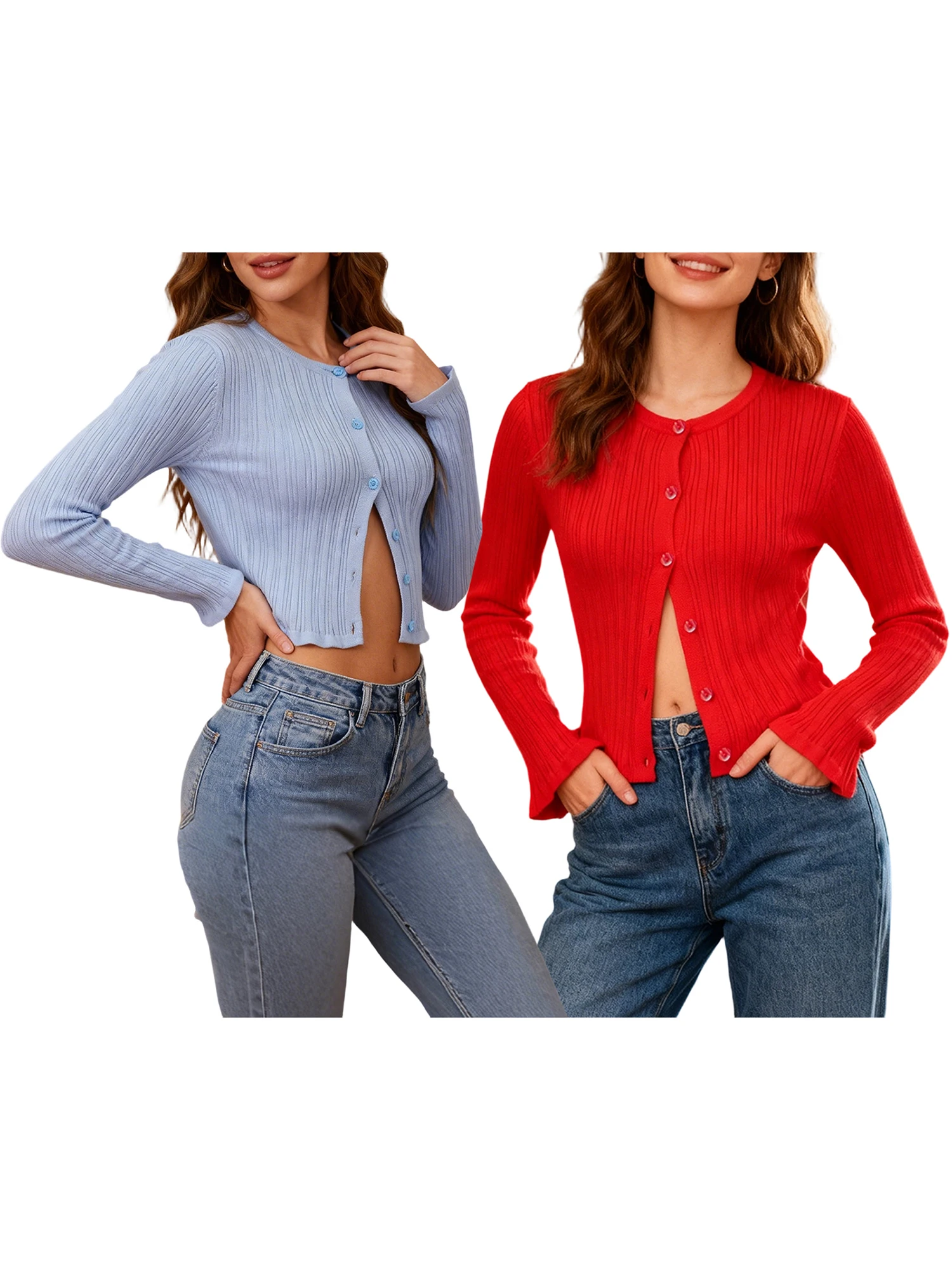 Ladies Ribbed Knit Button-Up Cardigan with Long Sleeves and Cropped Length in Solid Color for Chic Street Style