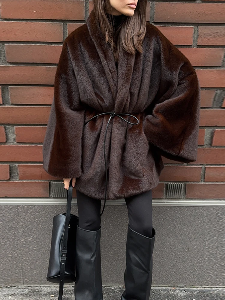 Women's Elegant Faux Fur Coat Fashion Oversized Long Sleeve Warm Belt Waist Jacket Lady 2026 Spring New Chic Street Outerwear - 4
