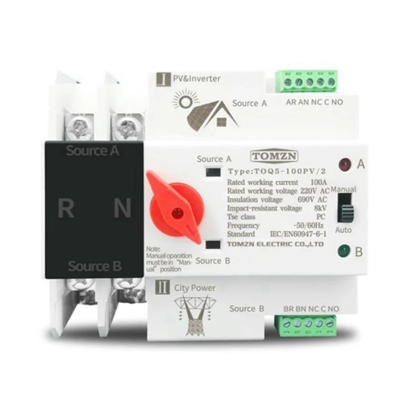 

NEW-2X TOMZN Din Rail 2P ATS Dual Power Automatic Transfer Switch Electrical Selector Switches Uninterrupted Power 63A