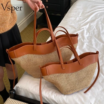 Borse tote grandi in paglia intrecciata di marca Vsper da donna, set di borse a spalla shopper di grande capacità in due misure, ultima collezione estiva 2026, borsa da spiaggia
