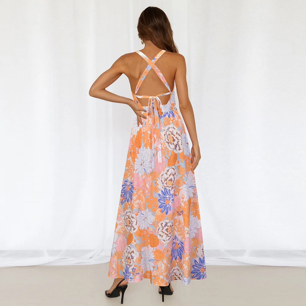 Sexy Sleeveless Floral Skirt 2022Spring And Summer Retro Slim Temperament Long Beach Skirt Bohemia Long Dress Vintage Boho Dress maxi dresses