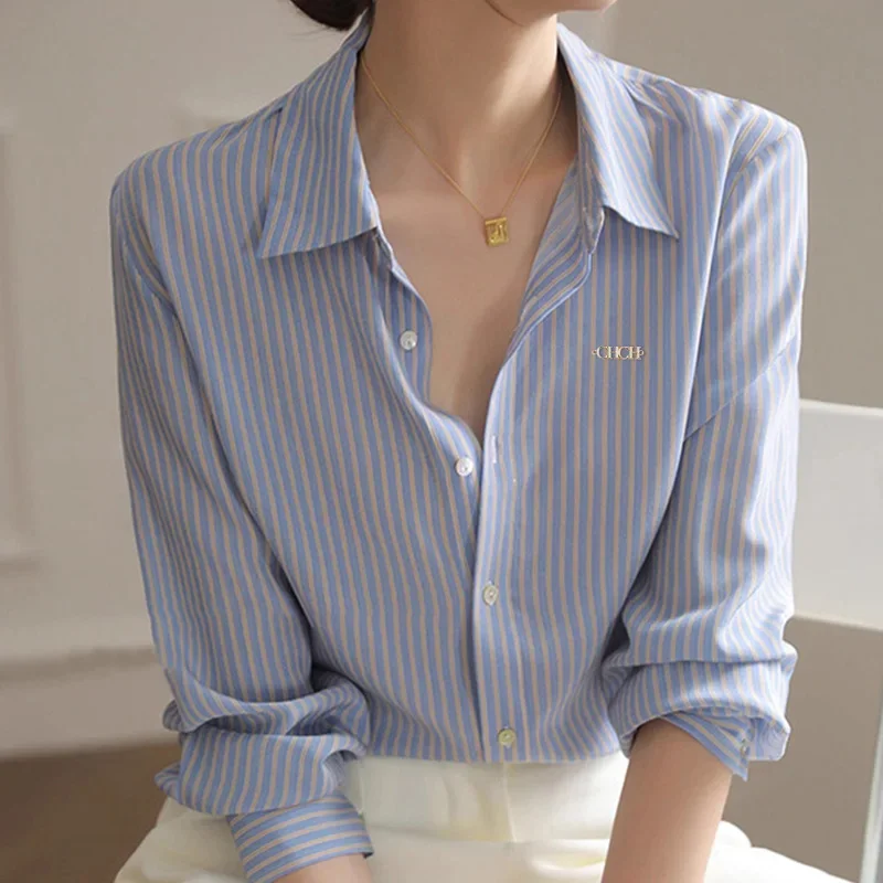เสื้อคลาสสิกวินเทจ แขนยาว ลายทาง สง่างาม สำหรับสาวออฟฟิศ