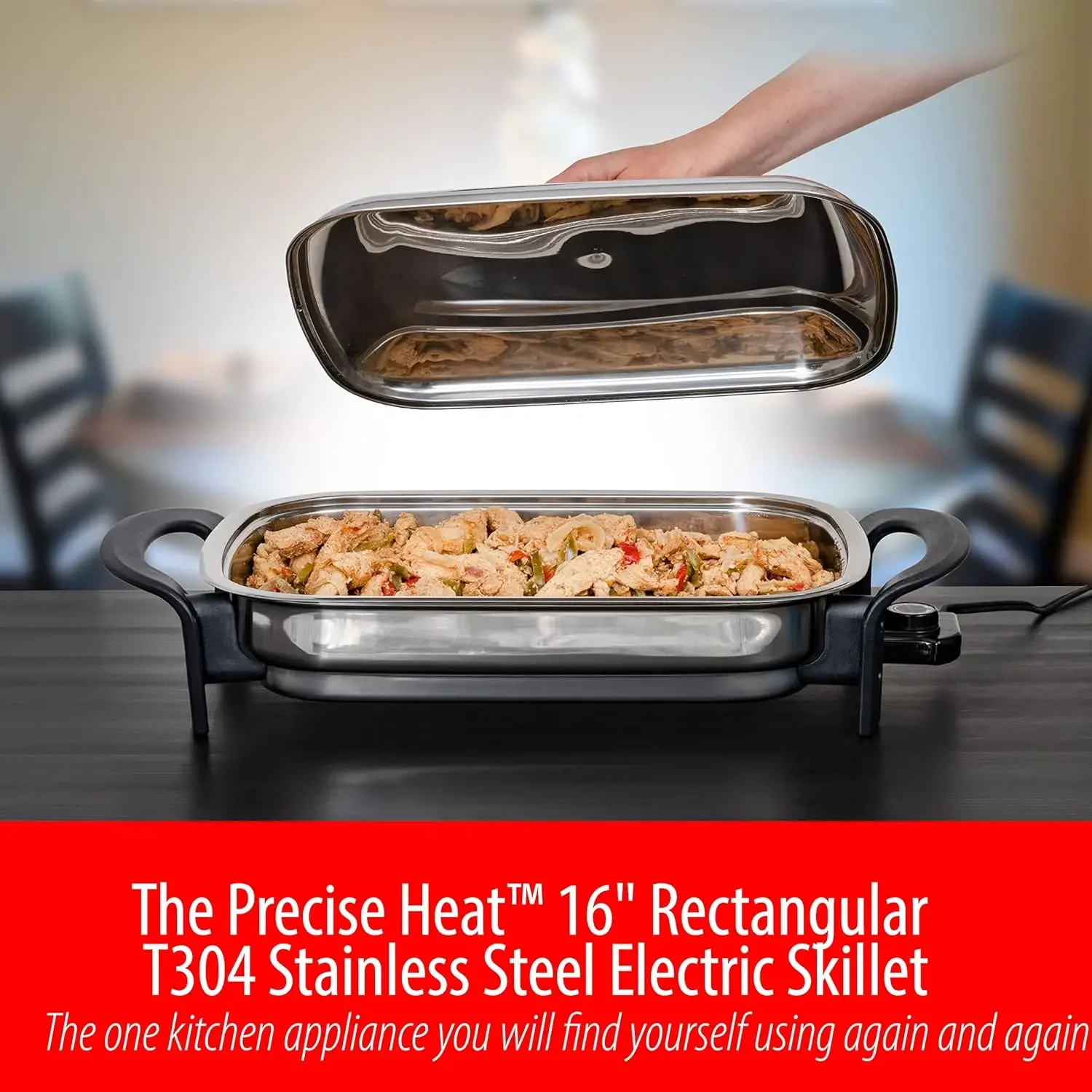 16-Inch Electric Skillet - Rectangular Stainless Steel Pan with Handles and Lid Cover 5