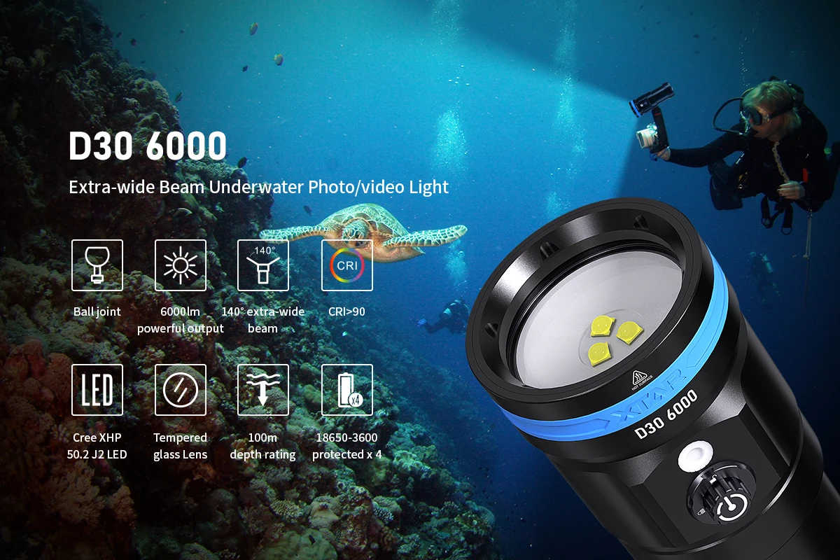 XTAR 6000LM Diving Flashlight Super Bright Waterproof IP68 Professional Diving Light + 4PCS 18650 3600 Li-ion Battery D30 6000