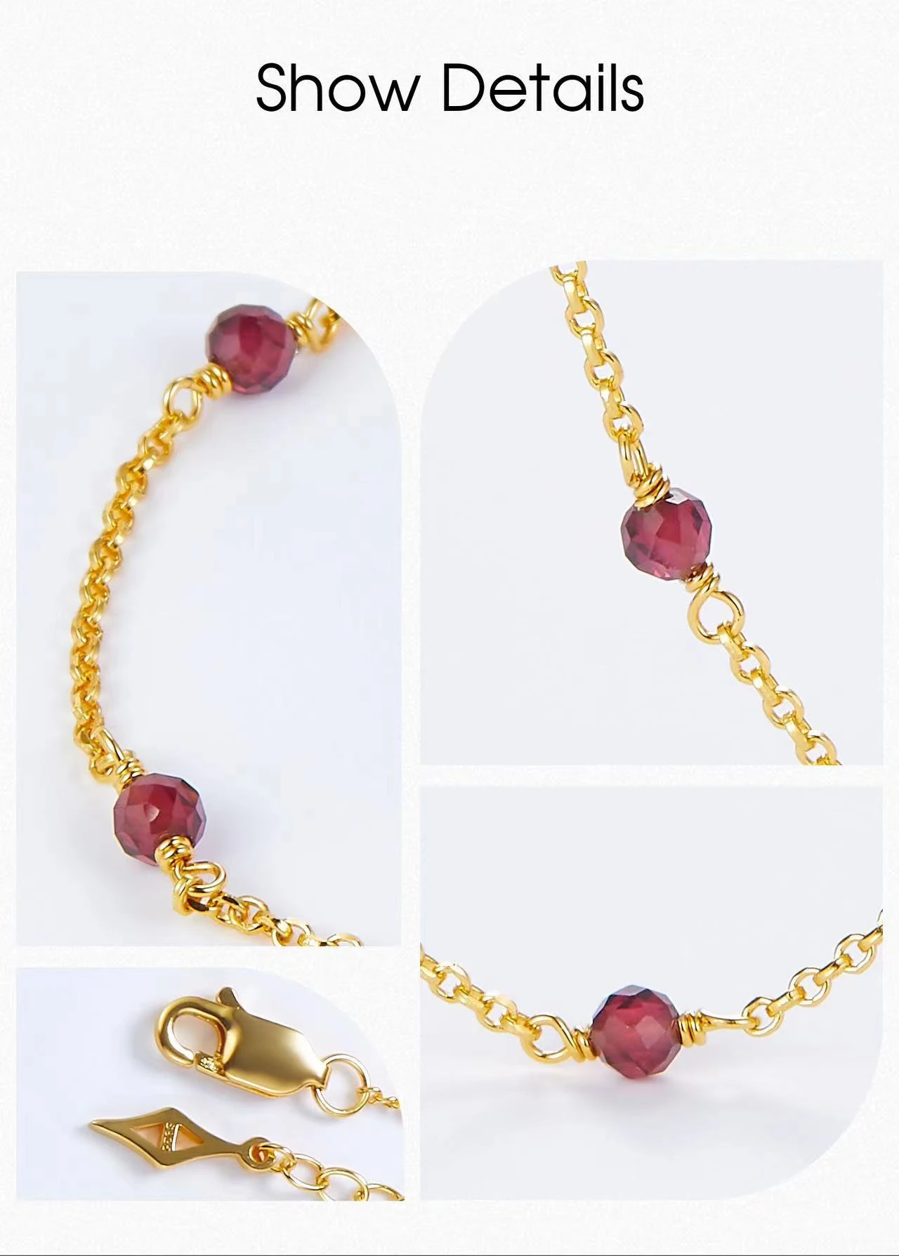 Silver Gold Plated Garnet Spaced Bead Station Necklace
