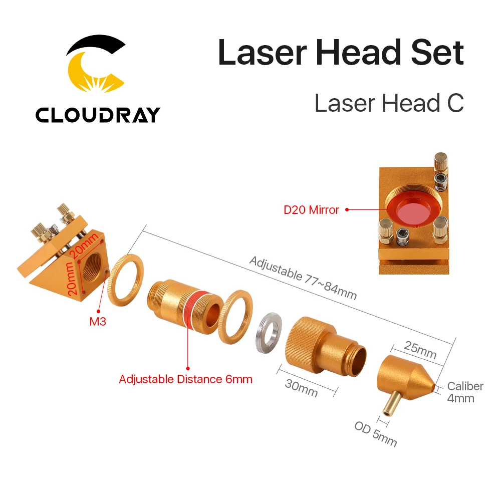 Cloudray K Series CO2 Laser Head Set D12 18 20  FL50.8mm Lens Gold Color for 2030 4060 K40 Laser Engraving Cutting Machine — view 4