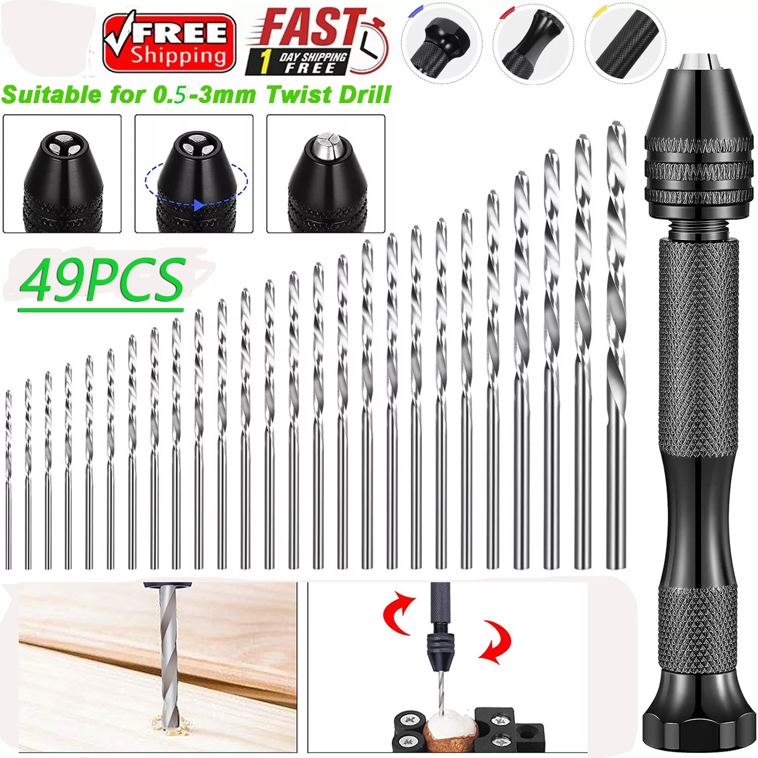 49PCS 0.5-3mm Hand Drill Set Small Alloys Drill Bit Rotary Tool FOR Jewelry Craft Drilling Tool Precision Pin Vise Hobby Drill 1