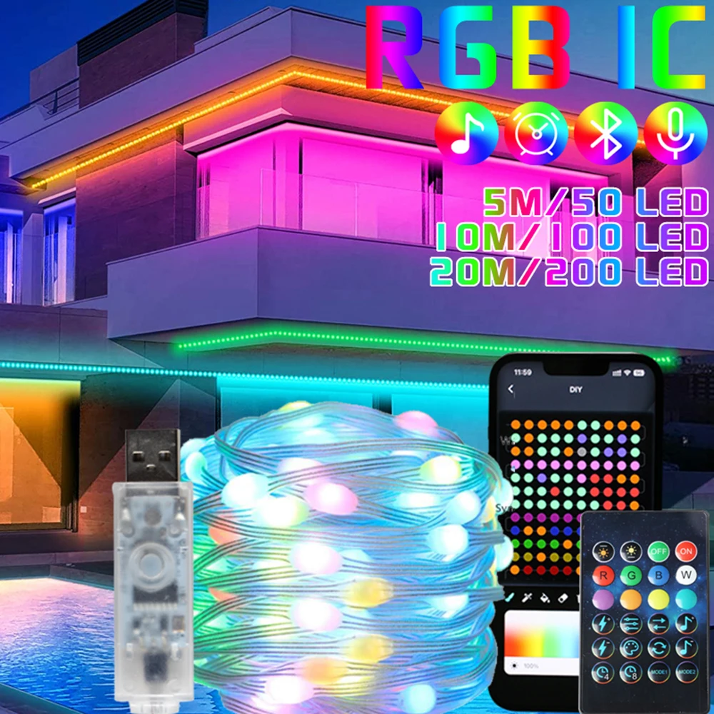thumbnail image 1 of Guirnalda de luces LED inteligentes para exteriores, control por aplicación de teléfono, guirnalda de luces de hadas para Navidad, Año Nuevo, hogar, árbol, camping, fiesta, decoración, 1 of 4