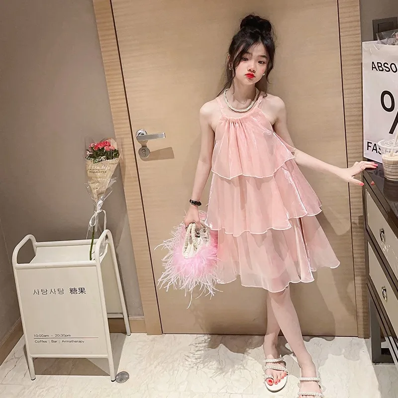 

Летнее платье для девочек, новинка 2024, детская юбка с оборками по краям, корейское издание, милое платье принцессы с подвесными лямками, платье для девочек