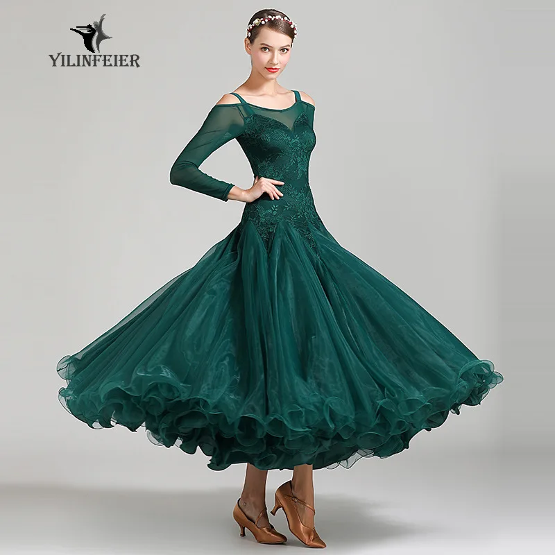 Ladies Latin Ballroom Modern Tango Waltz Dance Dress Long Standard Dress #1875 competition dresses