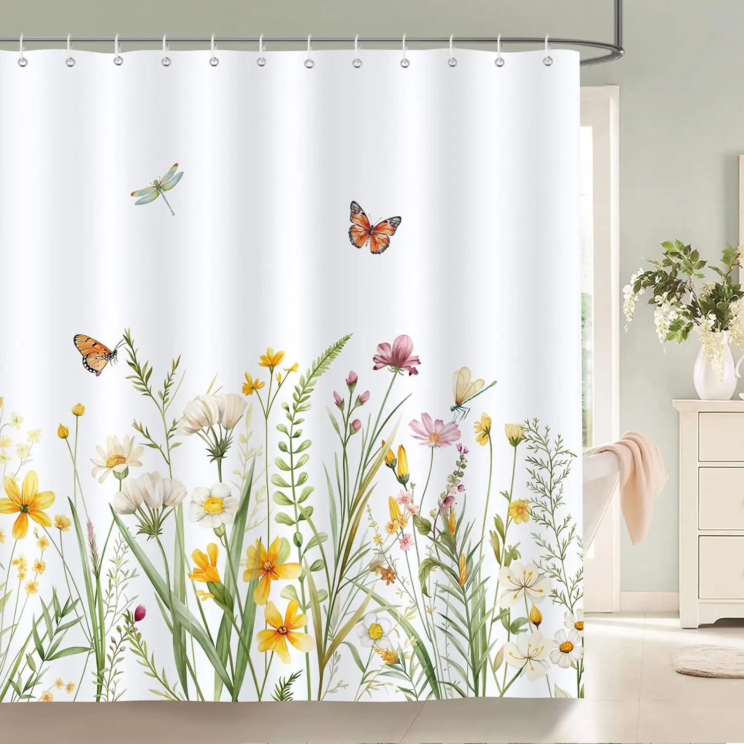 Spring Greenery & Birds Watercolor Shower Curtain – Polyester Bathroom Decor with Hooks