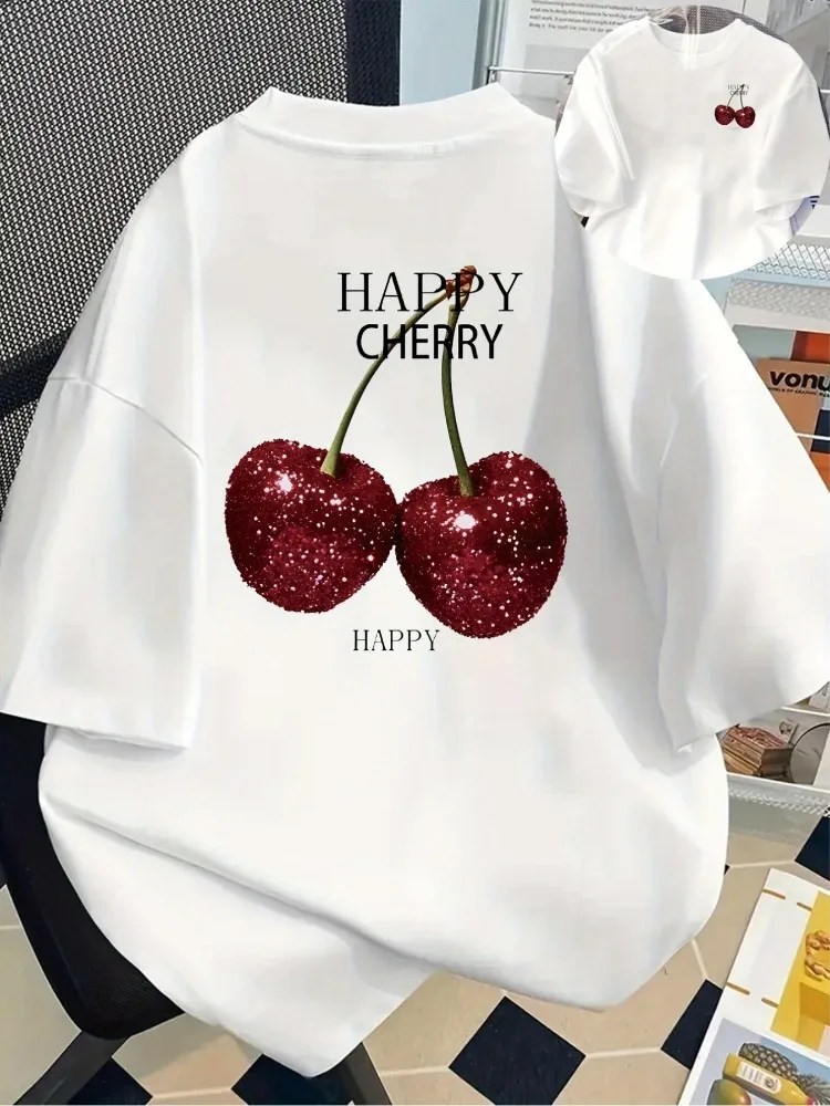 Front and Back Printed Women's Short-Sleeve T-Shirt HAPPY CHERRY Spring/Summer/Fall Trendy Printed T-Shirt Your Best Choice 2