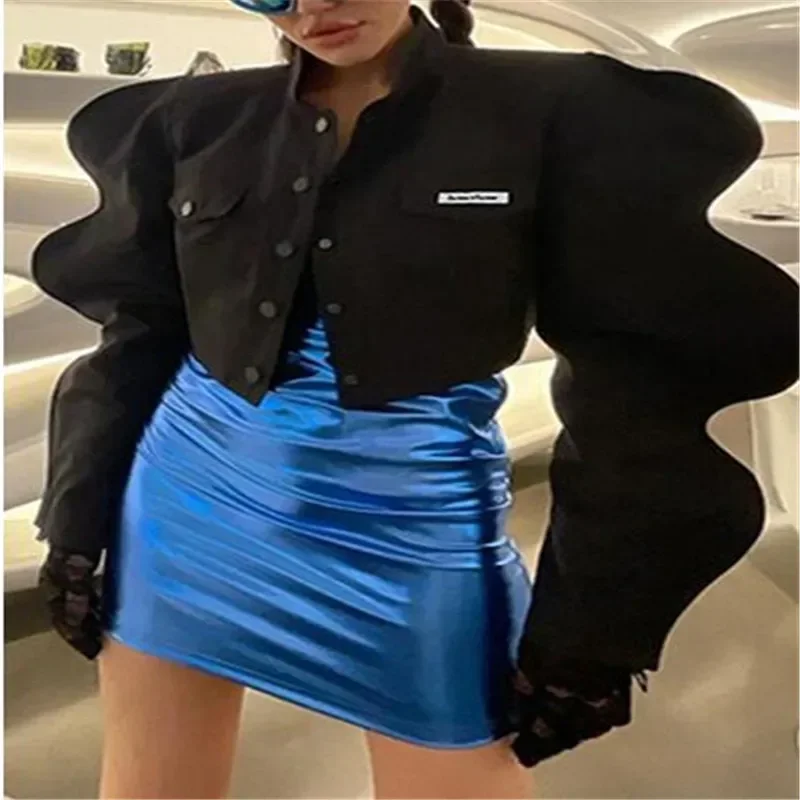 

Fashion Letter Black women Jacket Oversized Long Puff Sleeves Top Sweatshirt Fall Female Designer Streetwear Party Coat Outfit