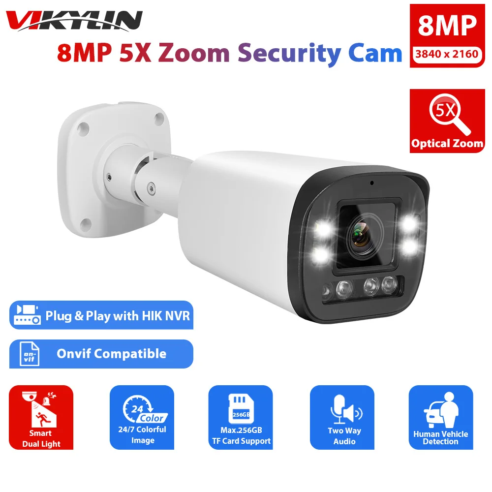 

Vikylin 8MP IP Bullet Security Camera 5X Zoom Color Night for Hikvision Compatible POE Audio SD Human Vehicle Detect CCTV Cam
