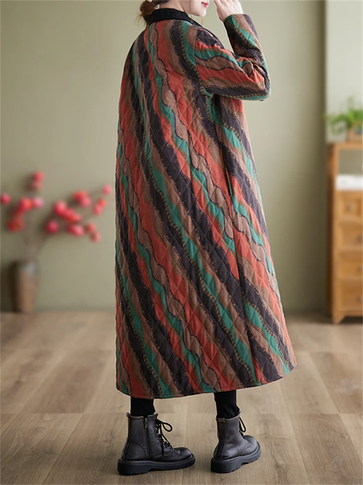 Winter Cotton Coat Ethnic Style Long Sleeve Vintage Single Breasted Women Patchwork Casual Loose Medium Length Striped Outerwear