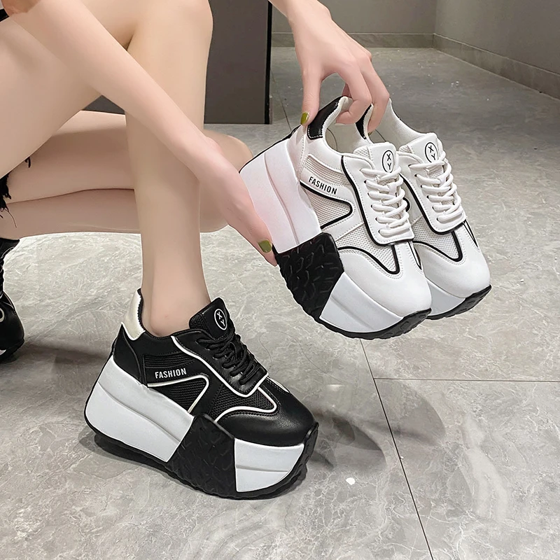 New Chunky Leather Women Casual Shoes 9CM High Platform Wedge Heels Sneakers Fashion Female Women Spring Autumn Skateboard Shoes