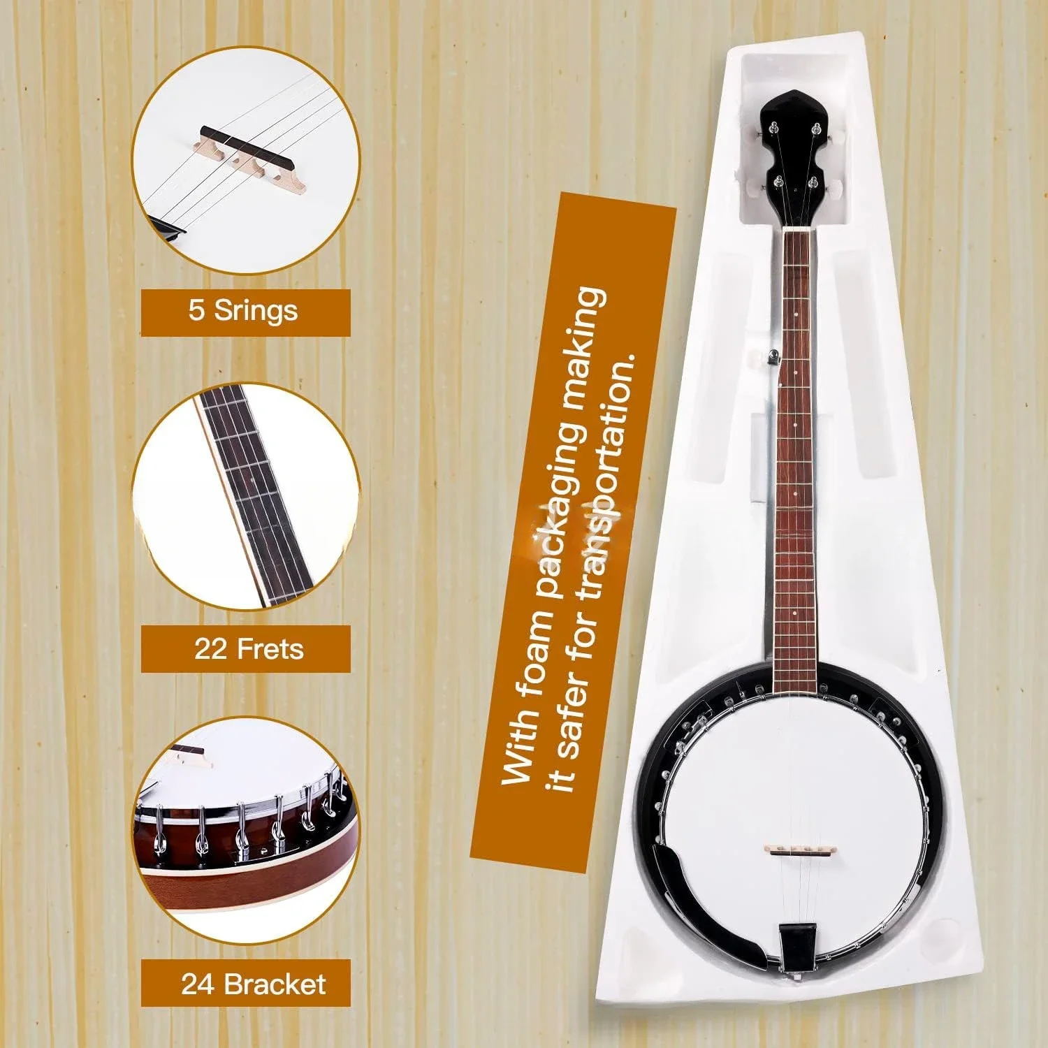 5-String Geared Tunable Banjo-High-Quality Closed Back Design with 24 Brackets, Remo Head, Premium Hardcase Beginners
