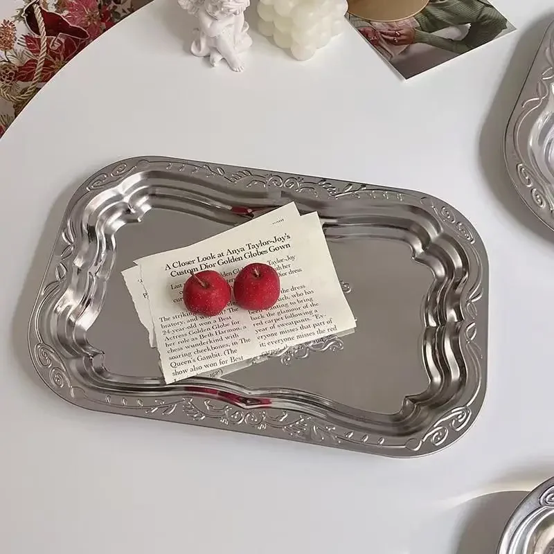 Stainless Steel Rectangular Tray with Embossed Design for Kitchen Living Room Storage Durable Fruit Snack Cake Serving Dish 1PCS