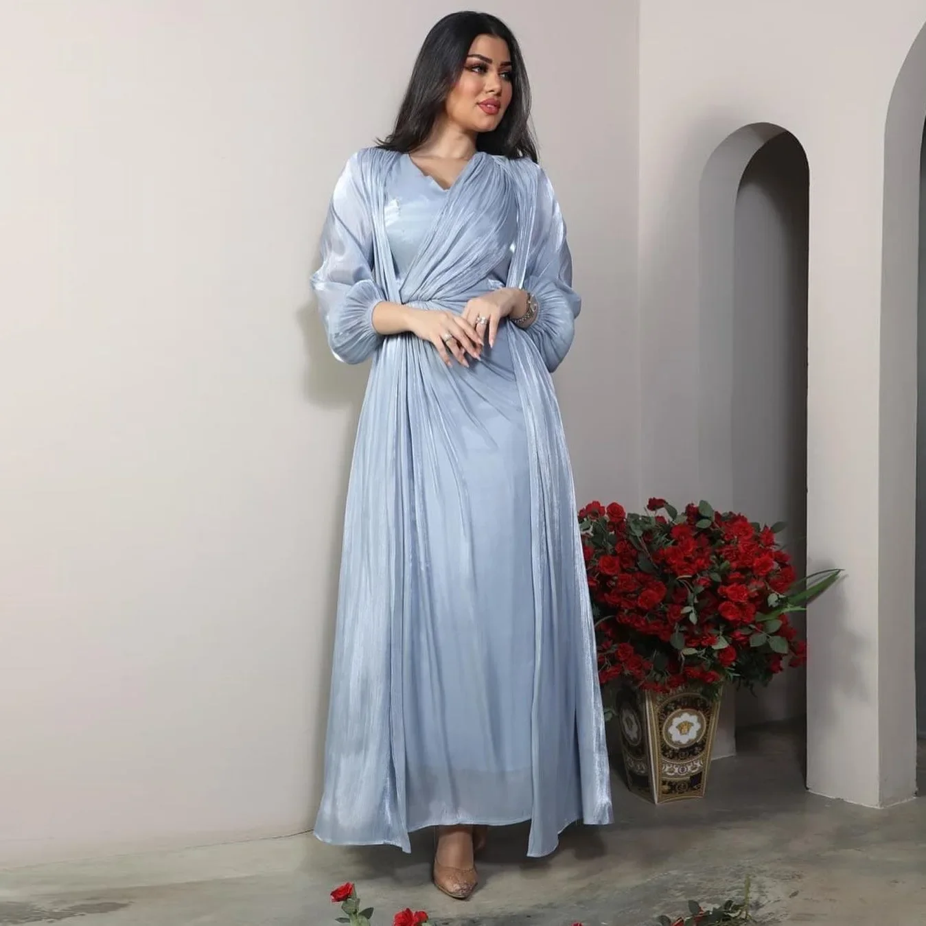Morocco Muslim Party Dress Women Abaya 2 Piece Set Silky Satin Dubai Evening Dresses Eid Kaftan Long Robe Vestidos Abayas Islam