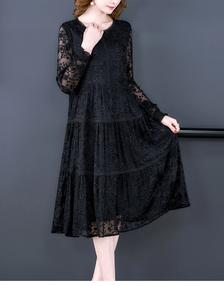 Black Lace Embroidery Hollow Out Sexy Midi Dress