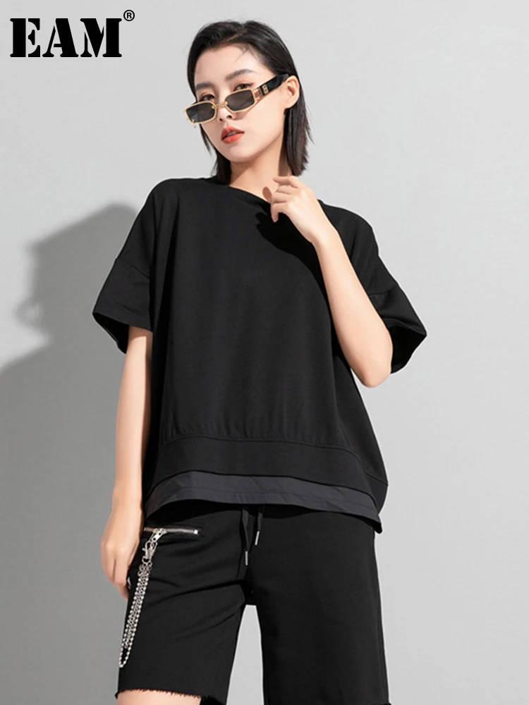 

[EAM] Women Black Spliced Hem Big Size Casual T-shirt New Round Neck Short Sleeve Fashion Tide Spring Summer 2024 1DF5307