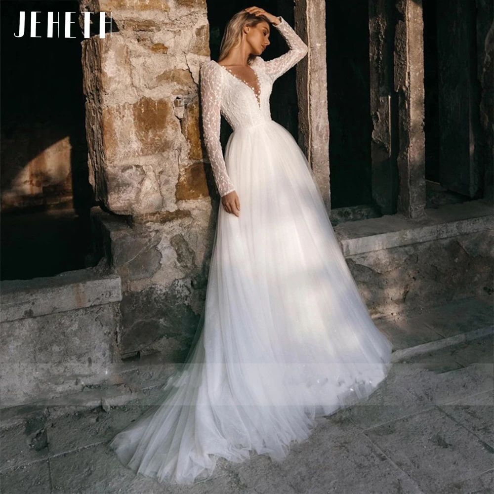 JEHETH Sexy Long Sleeve Wedding Dress Beach Women Illusion Back Lace Appliques V-Neck A-Line Bridal Gown Tulle Vestidos De Novia