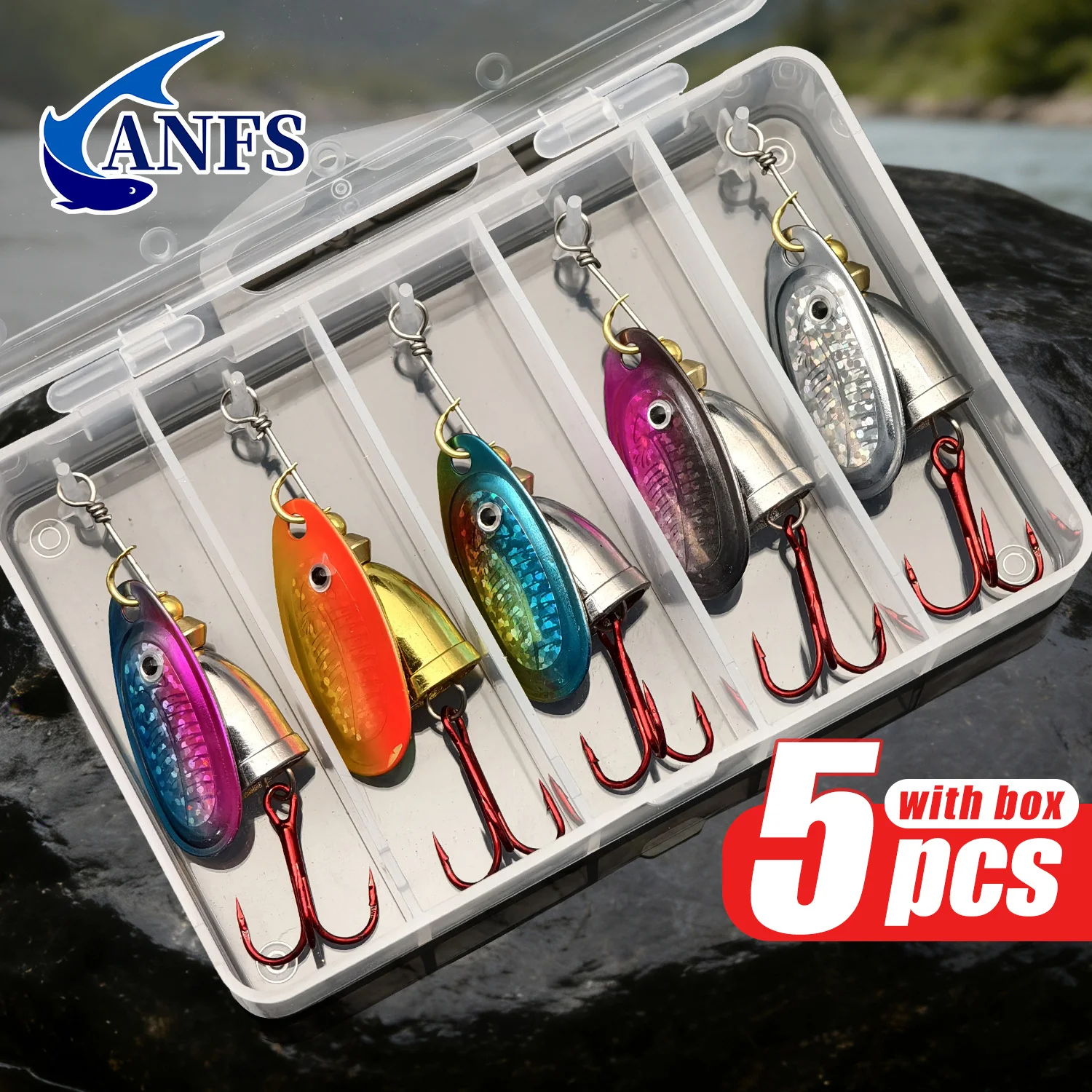 ANFS 5 Stück Kupfer-Angelköder – Spinner-Löffel-Köder, verschiedene Farben mit Köderbox, ideales Angelgeschenk für Angler