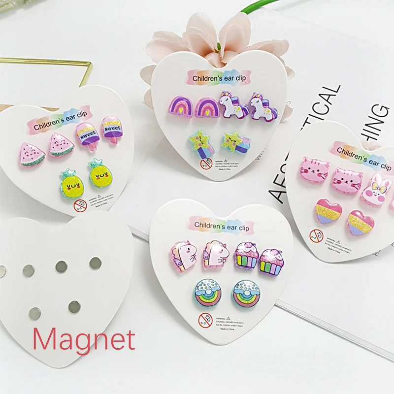 Strong Magnetic Kids Children Earrings 3PRS Mixed Clip on Earrings Kids Cute Unicorn Magnet Non Piercing Jewelry