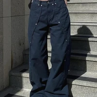 Jeans for Woman Y2k Clothes Relaxed Loose Fit Wide Leg Trousers Vintage American Retro Style with Rivet Patchwork Split Design - Image 2
