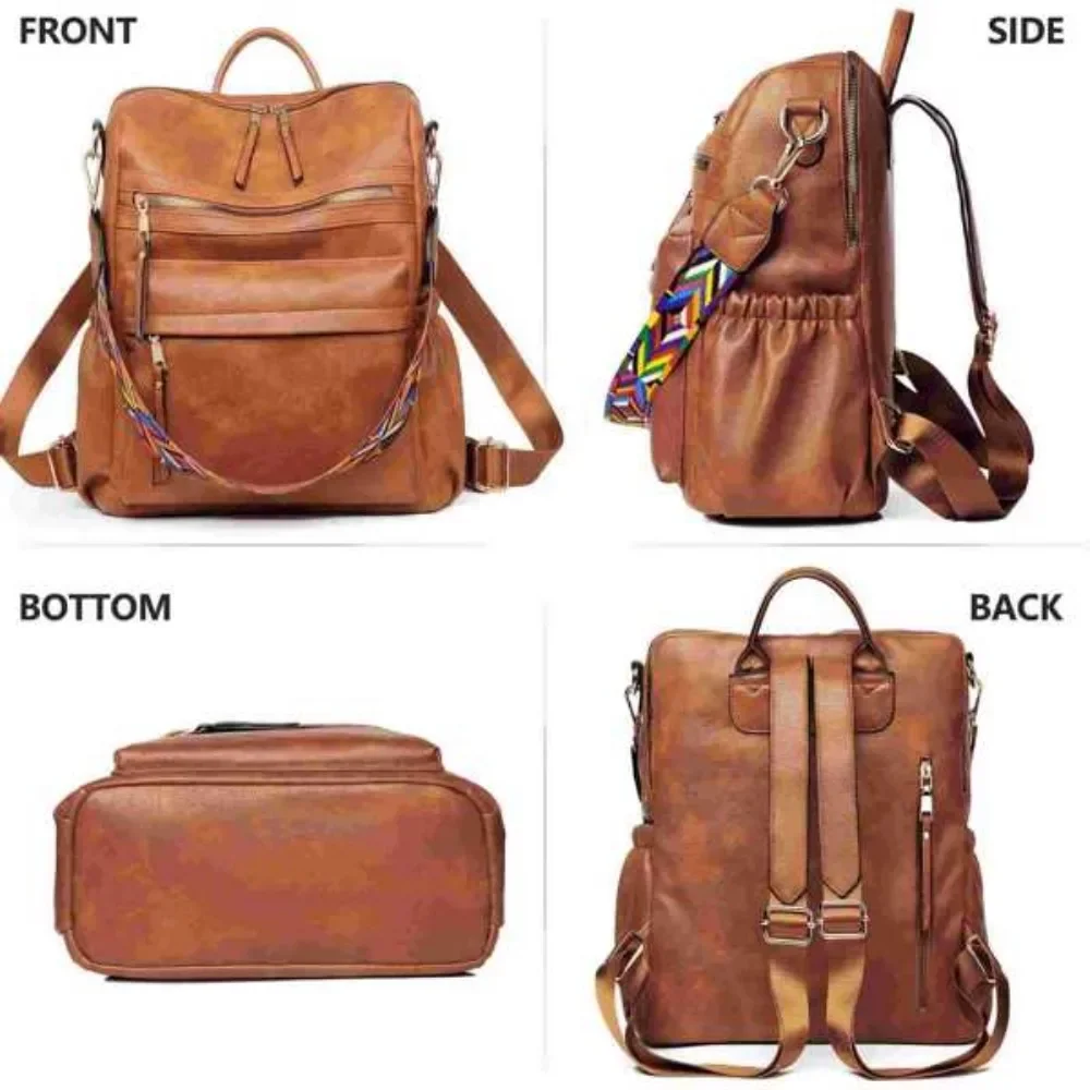 双肩包女士时尚PU皮革设计师防盗学校双肩包可转换肩包棕色-17