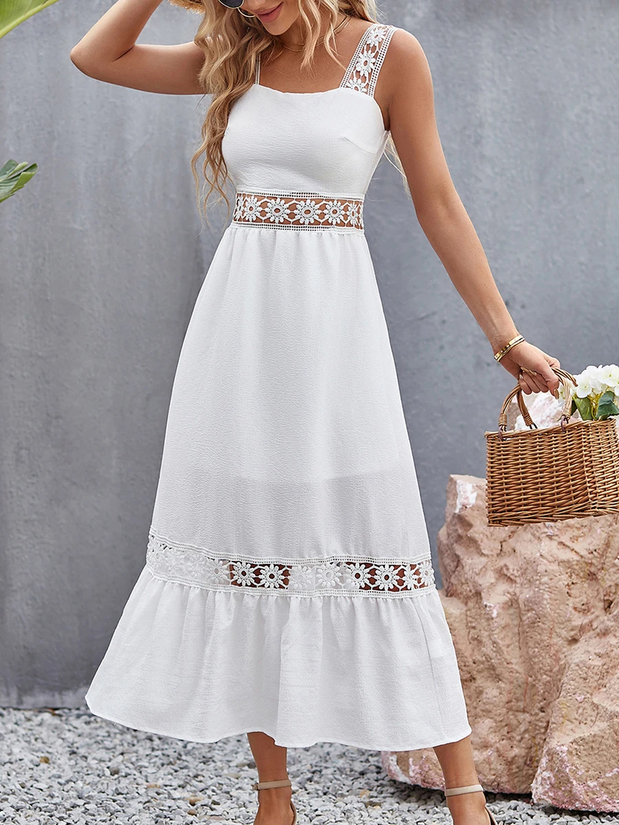 

Yoawdats Women Y2K A-Line Long Dress Lace Cutout Square Neck Casual Sleeveless Party Dress for Summer Cocktail Beach Club