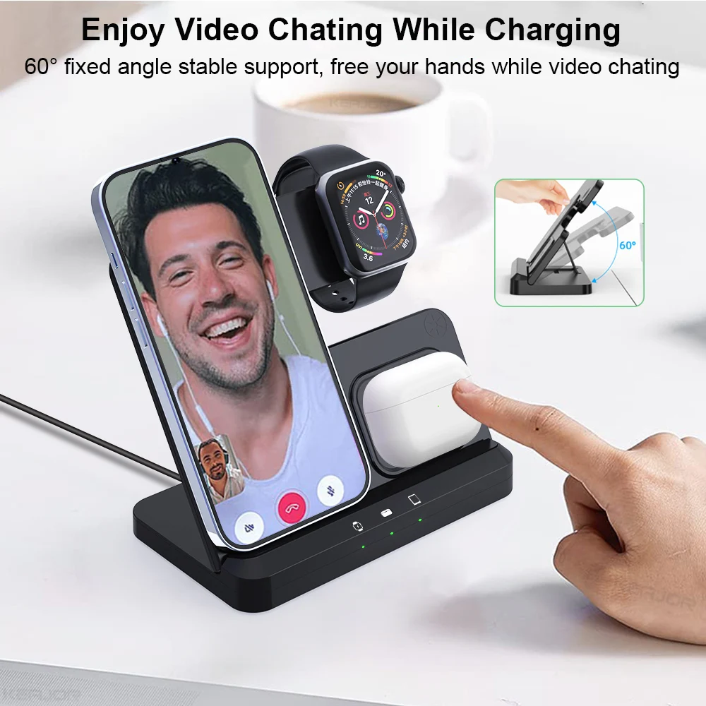 Wireless Charger 3 in 1 Wireless Charging Stand Foldable Fast Charging Station for iPhone 15 14 13 12 Apple Watch 9 8 7 6 5