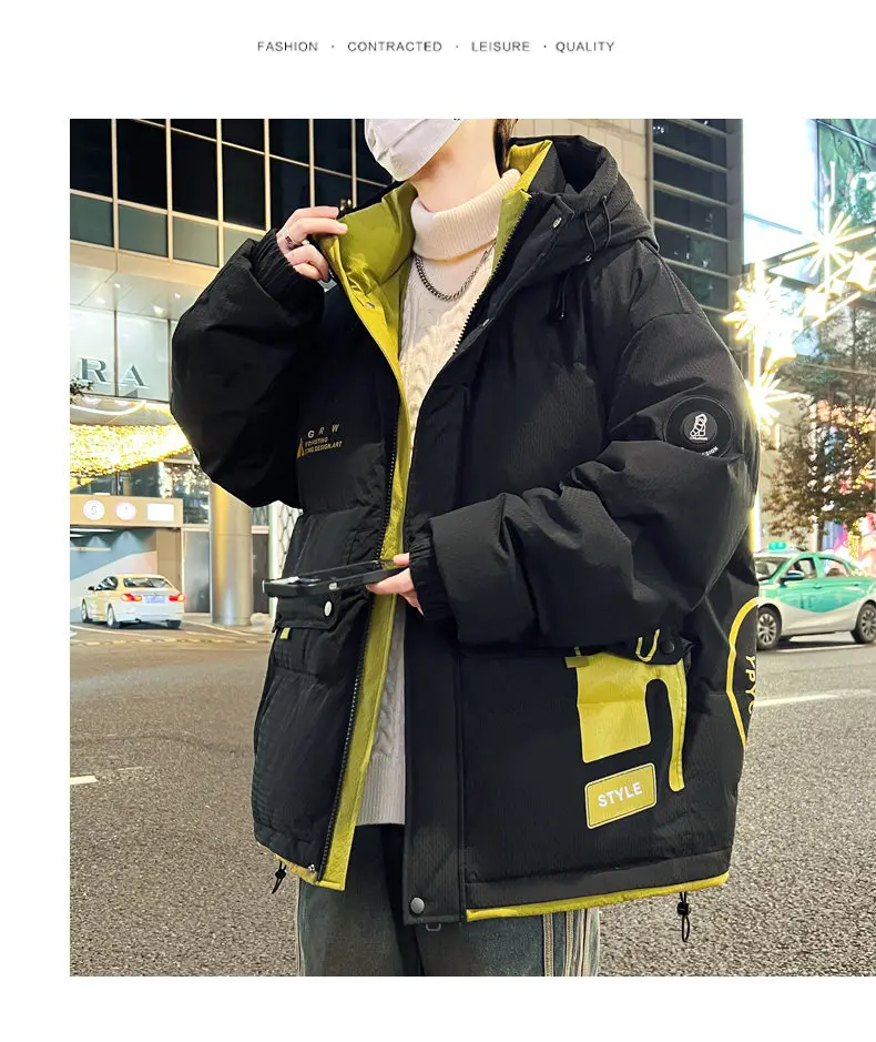 Modische Herren Warme Kapuzenjacken mit Baumwollfüllung Winter Jugendliche High-Street-Mode Dicke Mäntel Outdoor Winddichte Oberbekleidung Parka – Detail 10